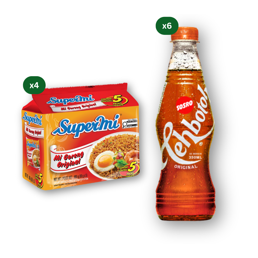 Supermi Mi Goreng Original (20 pk) + 6 Packs of Tehbotol Sosro Original (6 x 350 ml)
