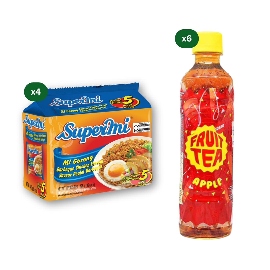 Supermi Mi Goreng Barbeque Chicken (20 pk) + 6 Packs of Fruit Tea Sosro Apple (6 x 350 ml)