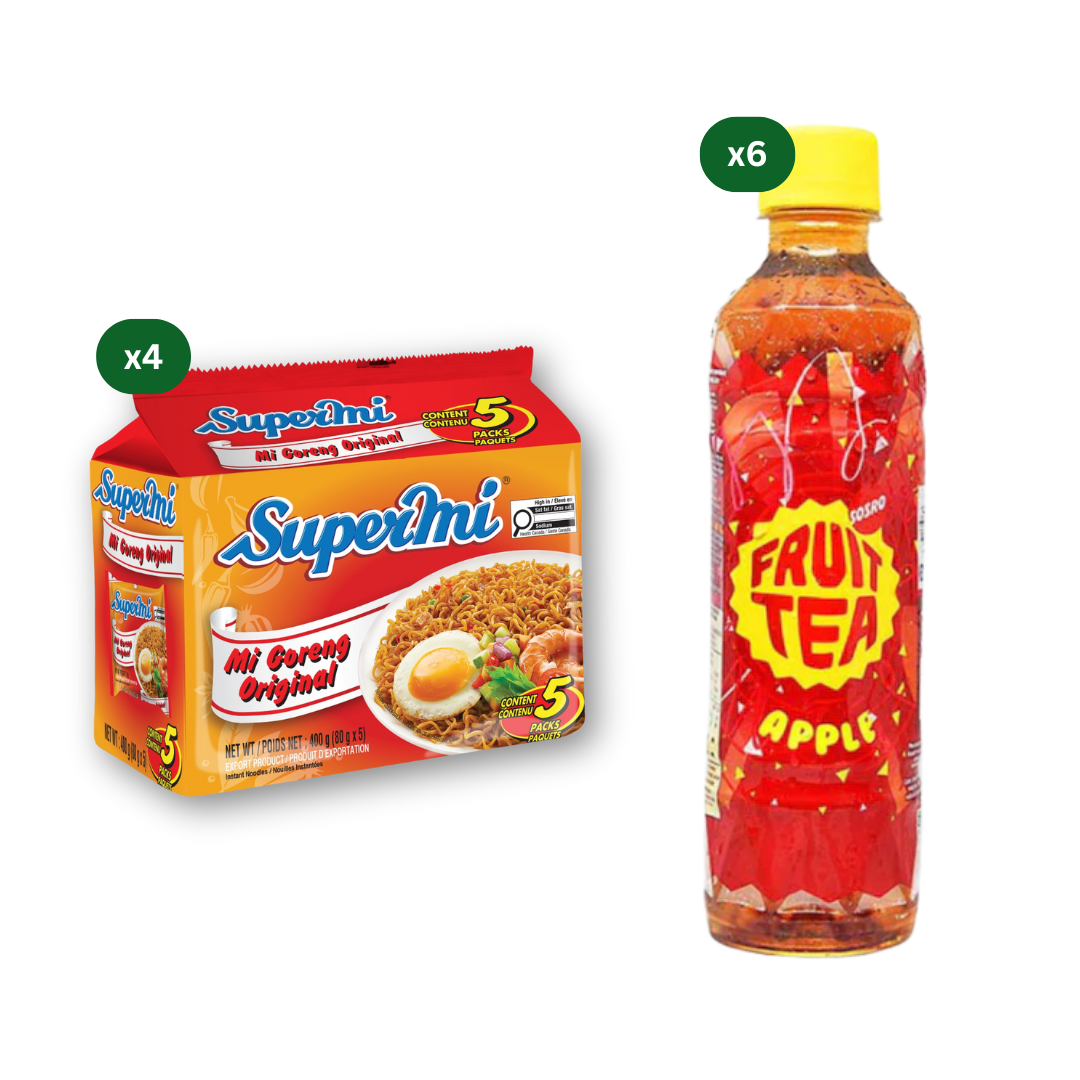 Supermi Mi Goreng Original (20 pk) + 6 Packs of Fruit Tea Sosro Apple (6 x 350 ml)