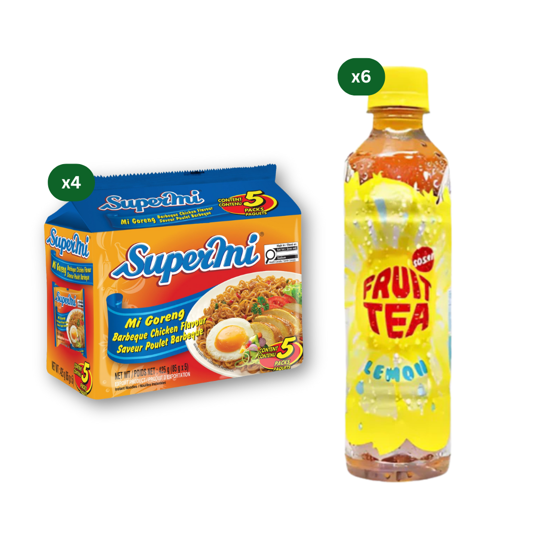Supermi Mi Goreng Barbeque Chicken (20 pk) + 6 Packs of Fruit Tea Sosro Lemon (6 x 350 ml)