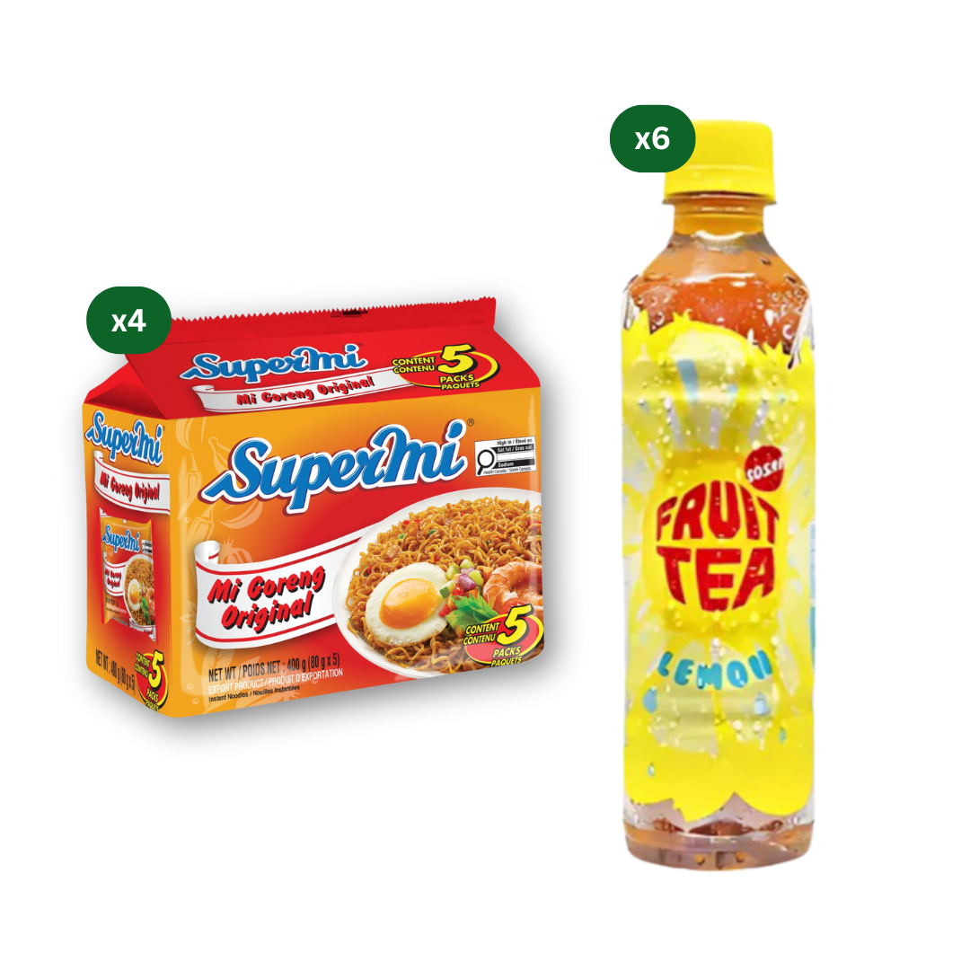 Supermi Mi Goreng Original (20 pk) + 6 Packs of Fruit Tea Sosro Lemon (6 x 350 ml)