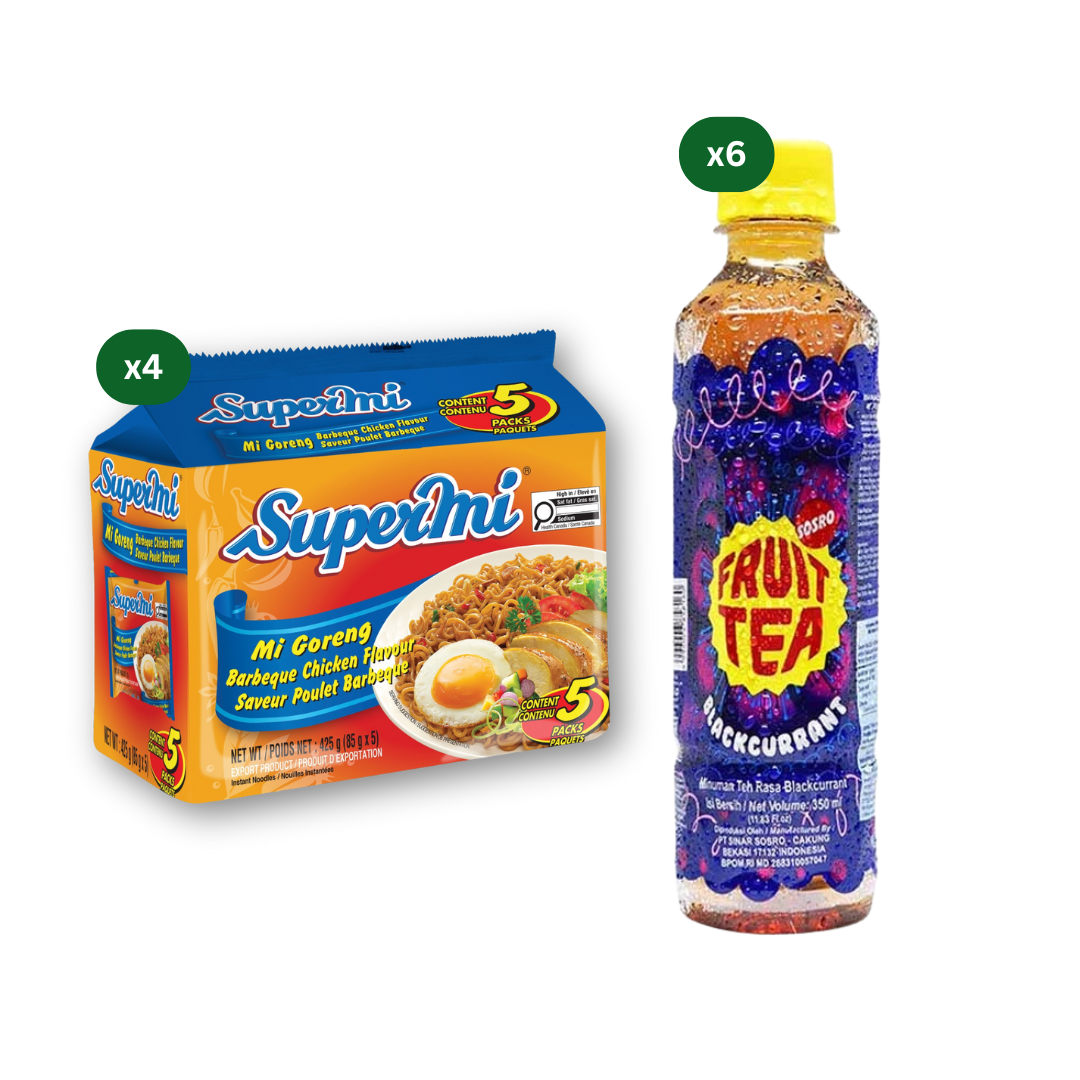 Supermi Mi Goreng Barbeque Chicken (20 pk) + 6 Packs of Fruit Tea Sosro Blackcurrant (6 x 350 ml)