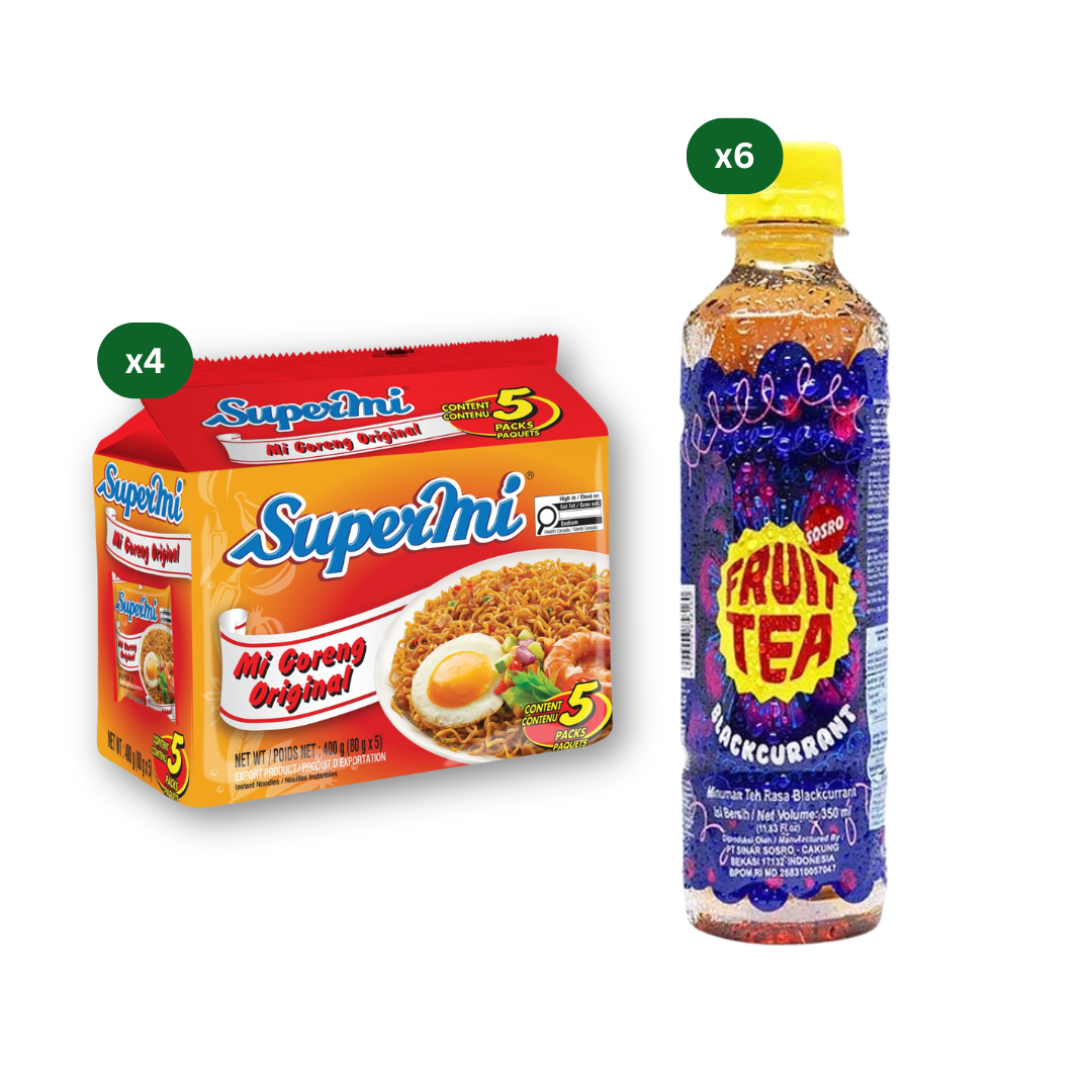 Supermi Mi Goreng Original (20 pk) + 6 Packs of Fruit Tea Sosro Blackcurrant (6 x 350 ml)